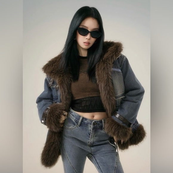 Reversible Denim Faux Fur Coat Heavy Winter Jacket M - Picture 2 of 12